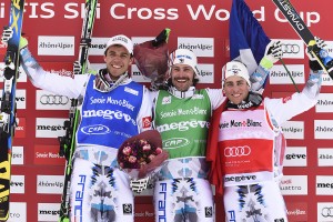 MEGEVE, FRANCE - MARCH 13: Bastien Midol , Sylvain Miailler , Jean Frederic Chapuis on the podium during the FIS Freestyle Skiing World Cup Ski Cross on March 13 2015 in Megeve, France. (Photo by Alain Grosclaude/Agence Zoom)